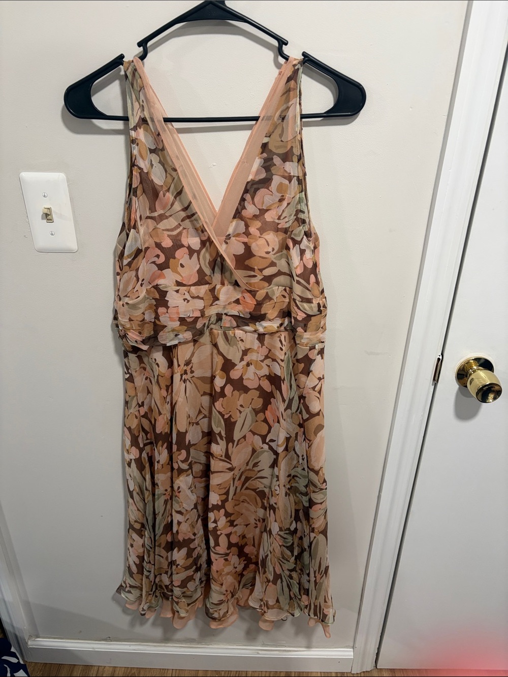dressbarn Floral V-Neck Chiffon Dress in Blush and Brown